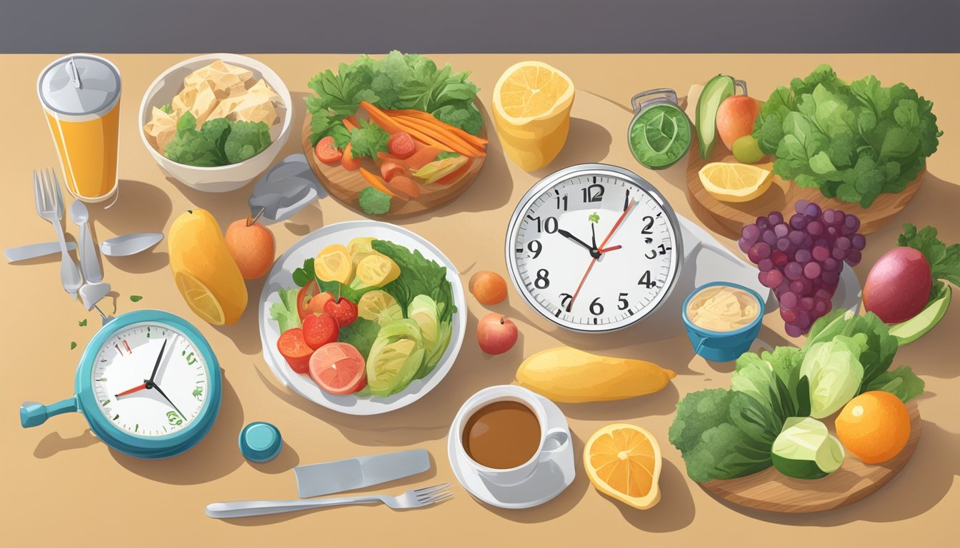 A kitchen counter with a clock showing 8 hours of eating time, surrounded by healthy food and drink options