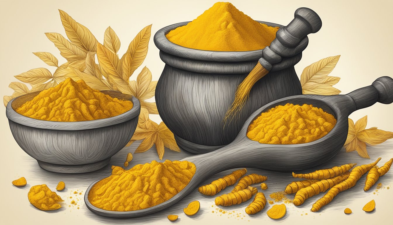 A wooden mortar and pestle grinding organic turmeric roots into a vibrant yellow powder