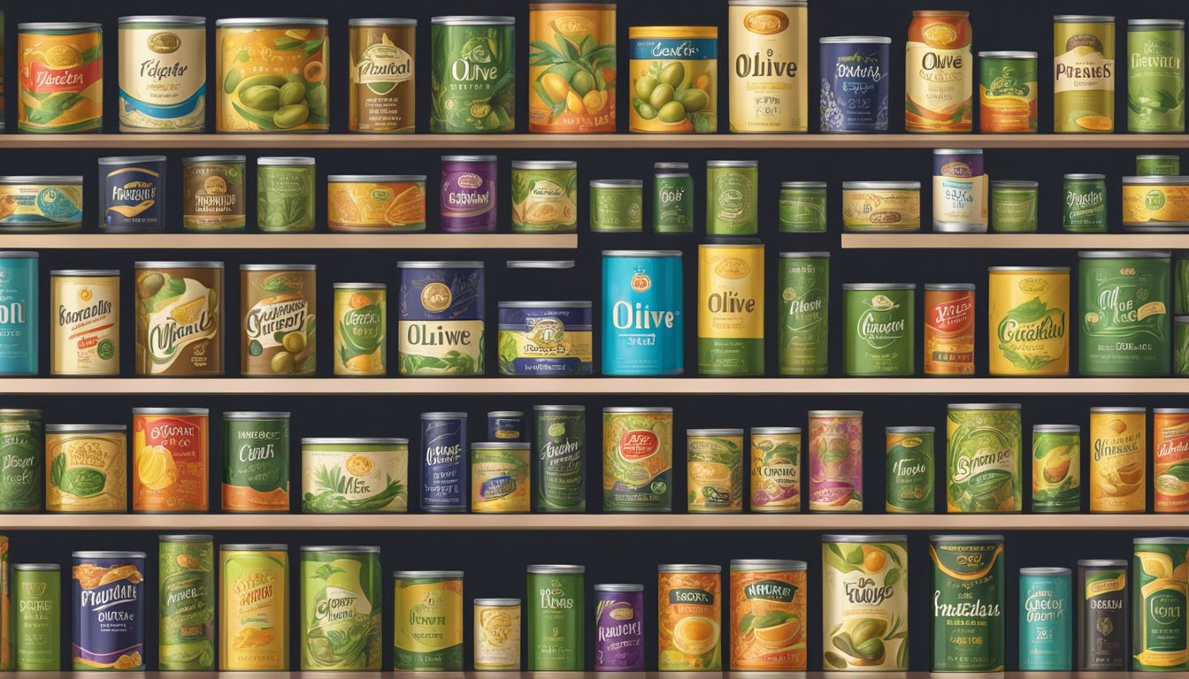 A pantry shelf filled with various colorful and neatly arranged cans of premium olive brands