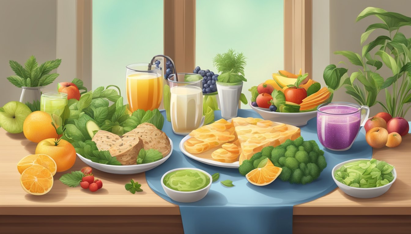 A table set with a variety of healthy foods and drinks arranged in a balanced and appealing manner, with a clock showing the time window for 16:8 fasting