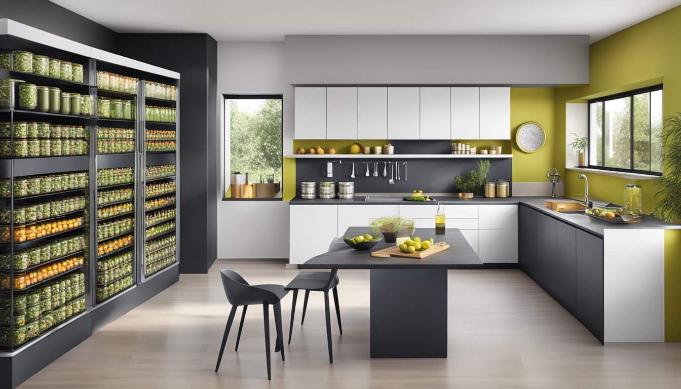 A sleek, modern kitchen with shelves lined with various branded canned olives, each with innovative and eye-catching packaging designs