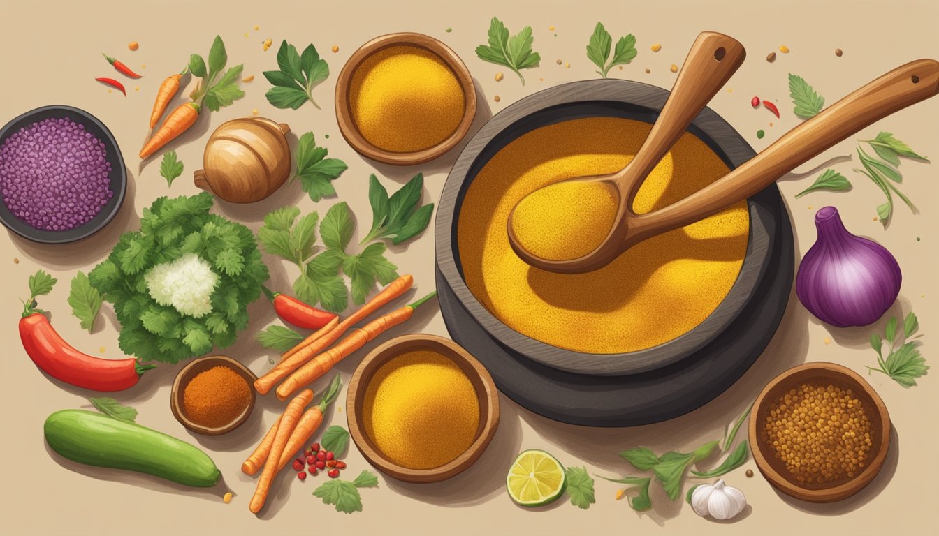 A wooden spoon sprinkles ground turmeric into a bubbling pot of curry, surrounded by colorful spices and fresh vegetables