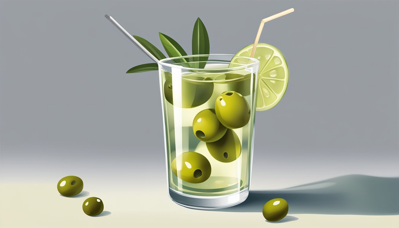 A glass filled with a clear beverage, garnished with a skewer of green olives from a top-rated canned olive brand