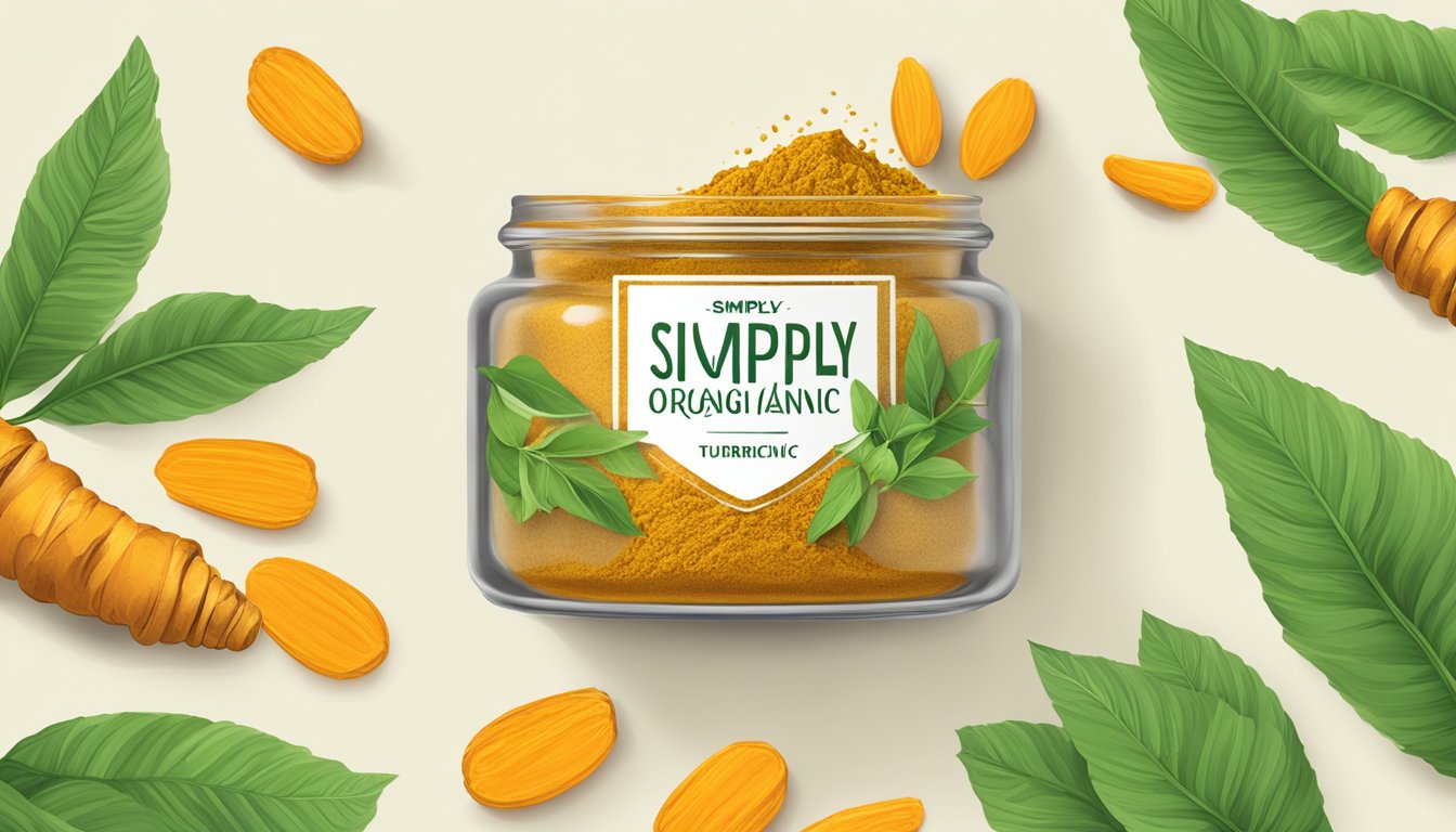 A glass jar of ground turmeric surrounded by vibrant, fresh turmeric roots and green leaves, with the "Simply Organic" logo prominently displayed