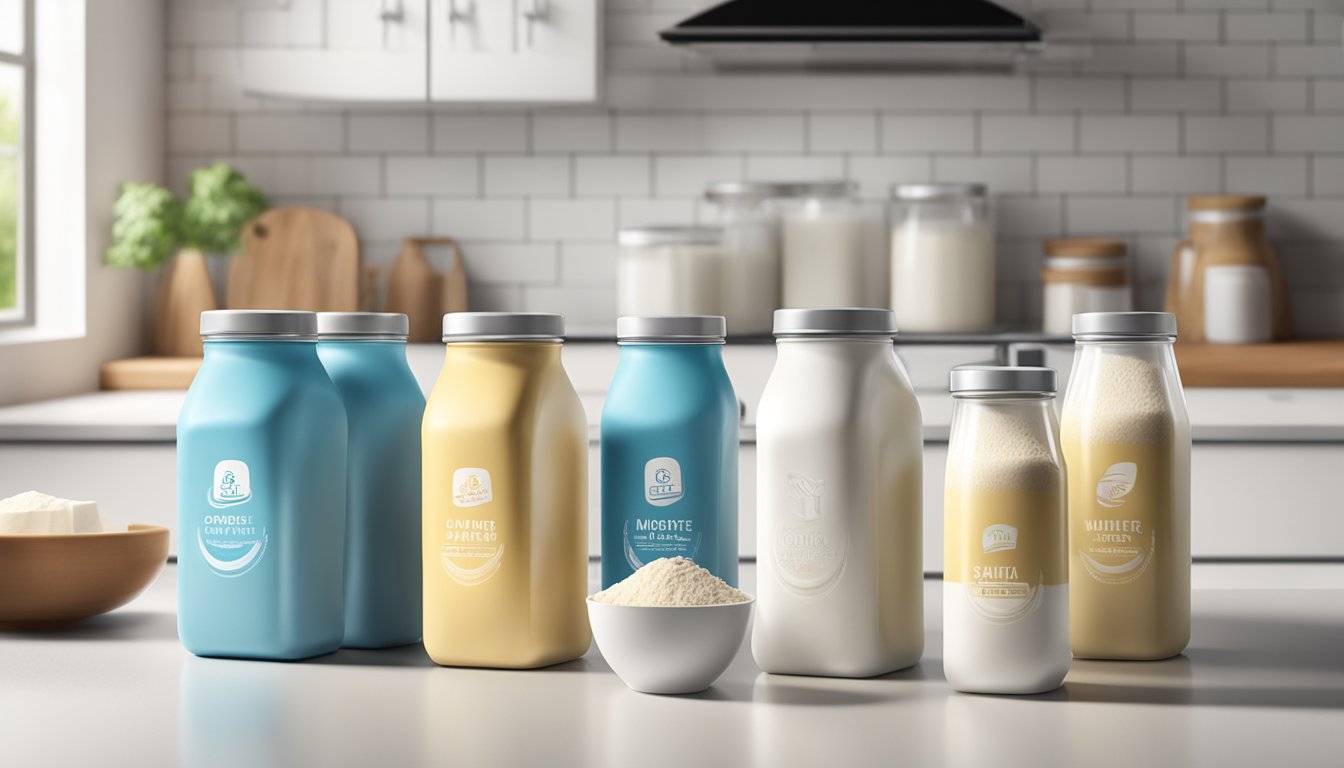 A variety of branded powdered milk containers arranged on a clean, well-lit kitchen counter