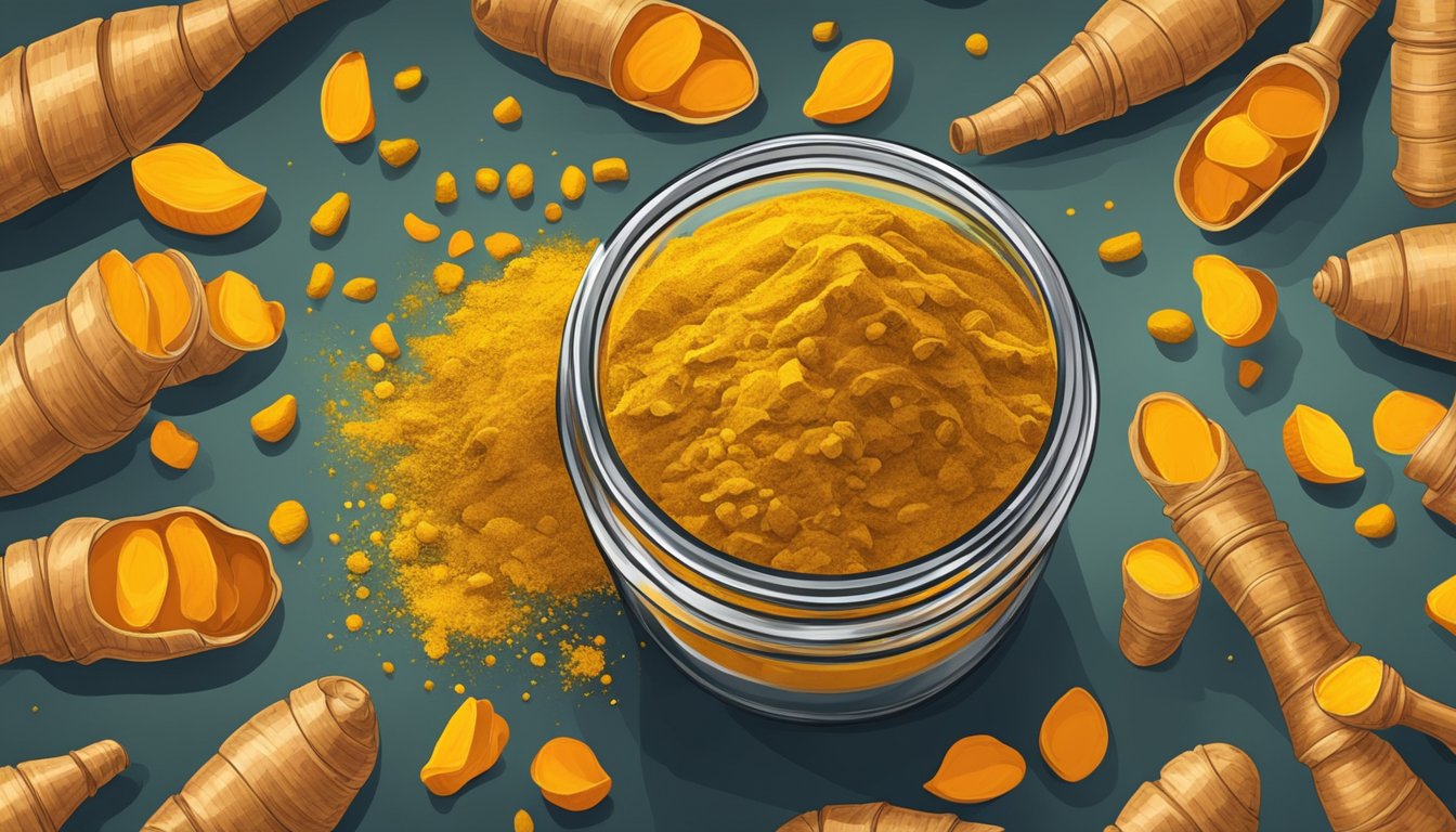 A vibrant pile of turmeric powder spills from a jar, surrounded by fresh turmeric roots and a mortar and pestle