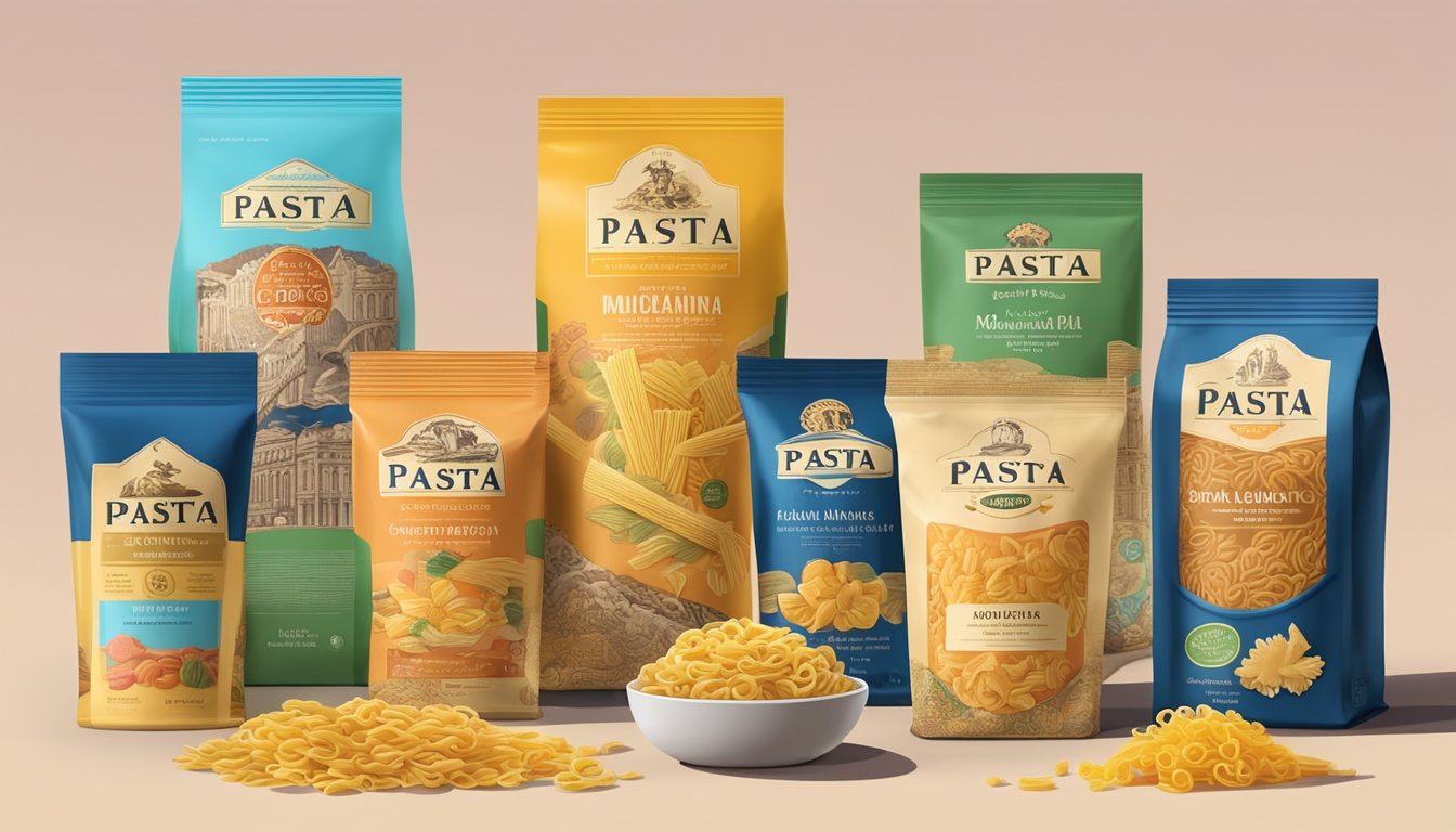 A table with various types of dried pasta brands displayed in colorful packaging, surrounded by historical images of pasta-making