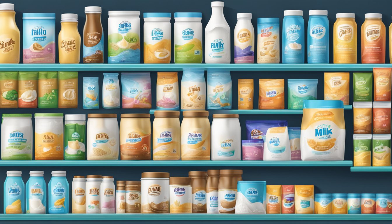 A variety of milk powder brands displayed on shelves with different packaging and logos