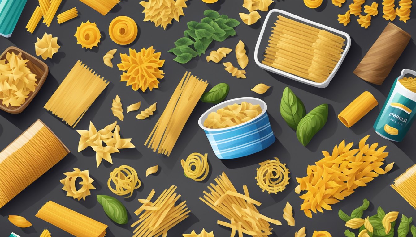 A variety of dried pasta brands arranged on a wooden table, including spaghetti, penne, fusilli, and farfalle, with colorful packaging and different shapes