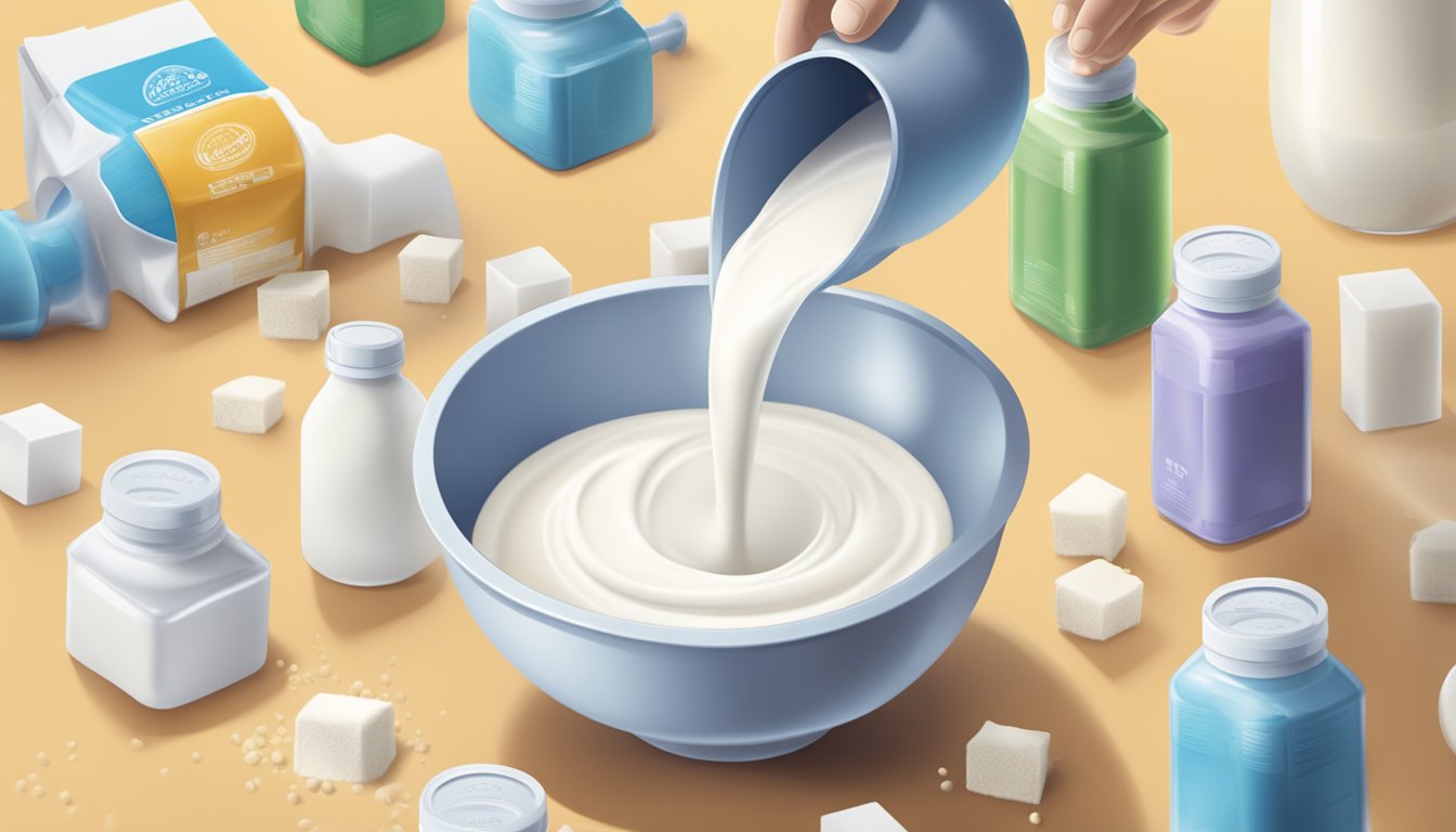 A hand pouring milk powder into a mixing bowl, with various brands of milk powder containers in the background