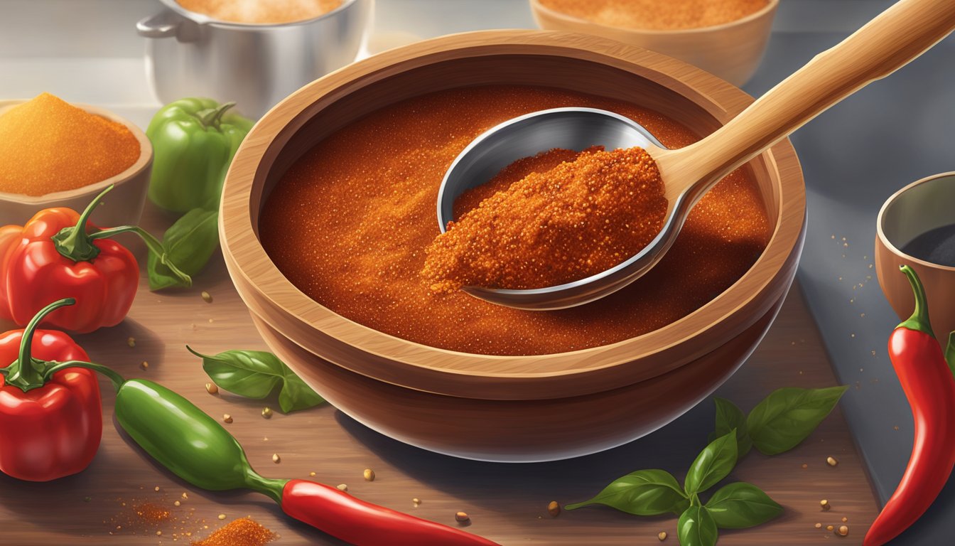 A wooden spoon sprinkling Simply Organic chili powder into a bubbling pot of chili