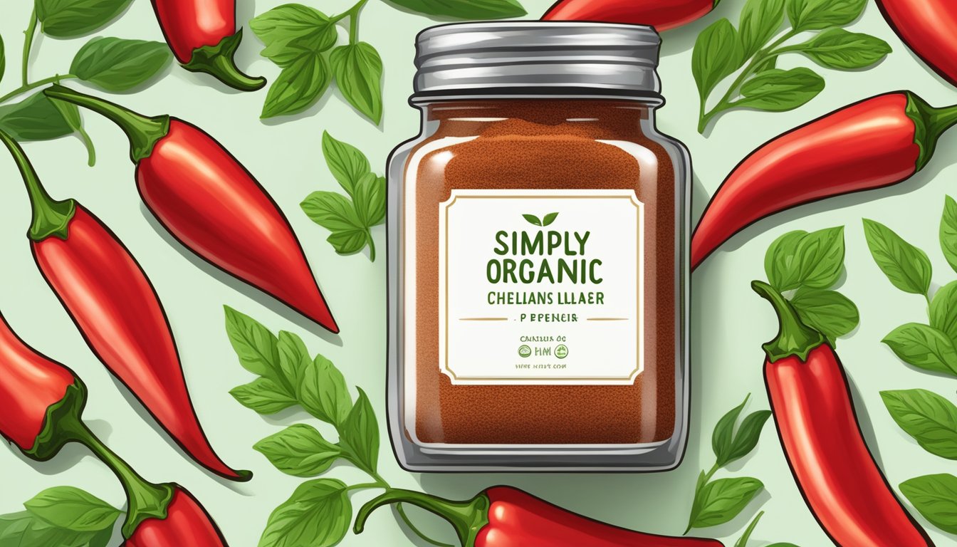 A small glass jar of Simply Organic chili powder surrounded by vibrant red chili peppers and green cilantro leaves