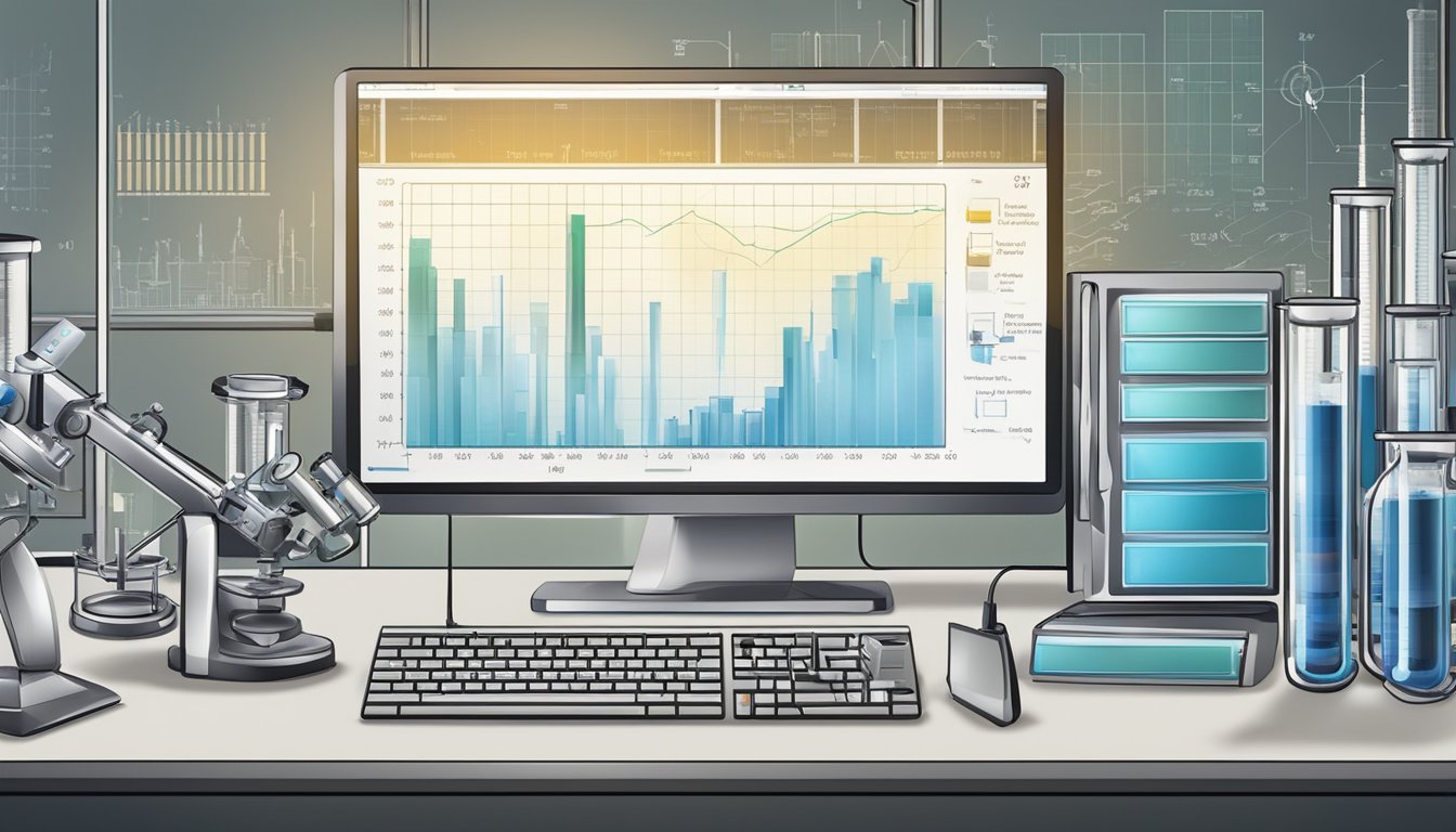 A laboratory setting with test tubes, microscopes, and scientific equipment. A graph showing muscle growth data displayed on a computer screen