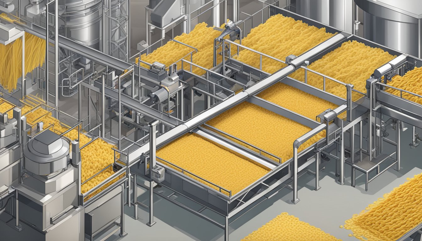 A large industrial pasta manufacturing facility with conveyor belts and machinery producing various types of dried pasta