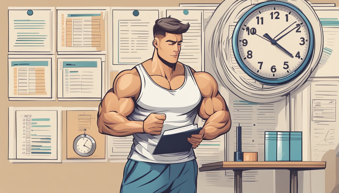 A person with a muscular physique standing next to a clock showing 16:8 fasting schedule, surrounded by research papers on muscle growth