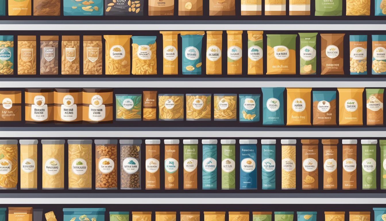 A pantry shelf stocked with various brands of dried pasta in colorful packaging, with labels indicating different types and shelf life