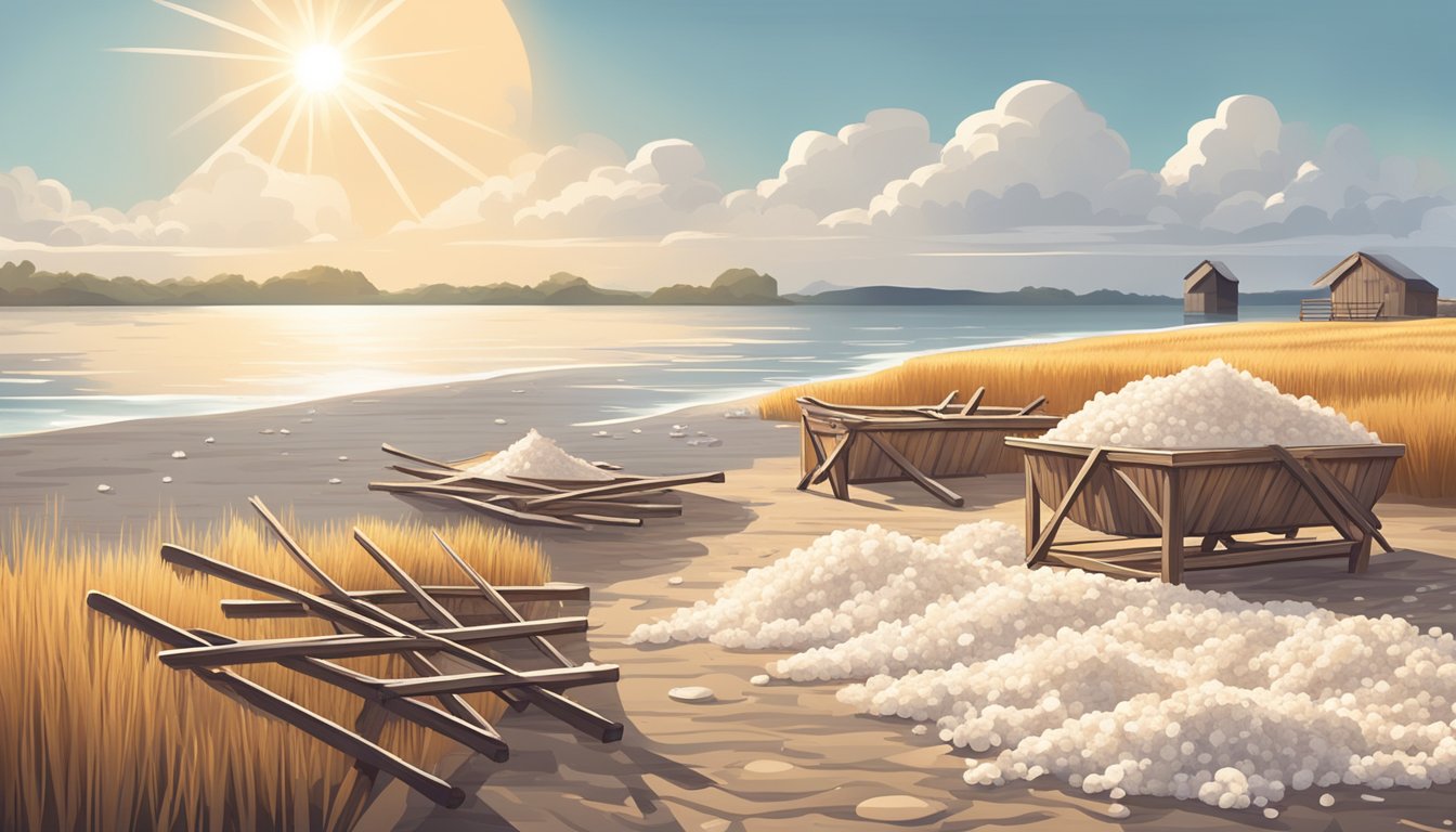 A rustic seaside landscape with a traditional salt harvesting process, featuring wooden rakes and piles of Maldon sea salt flakes drying under the sun