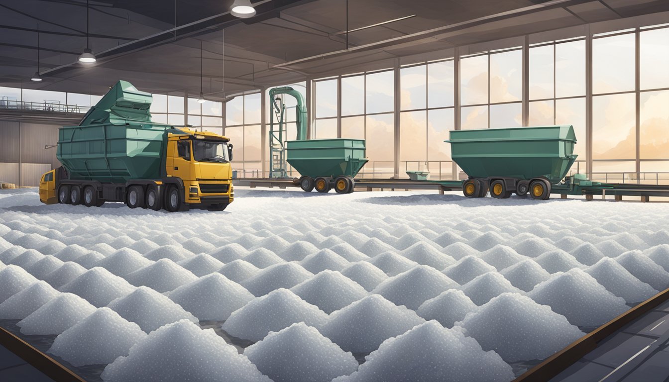 Maldon sea salt flakes being harvested from the salt pans and packaged in a modern production facility