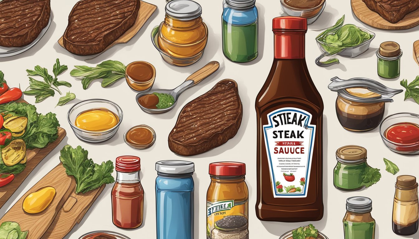 A1 steak sauce bottle surrounded by various condiments on a kitchen counter