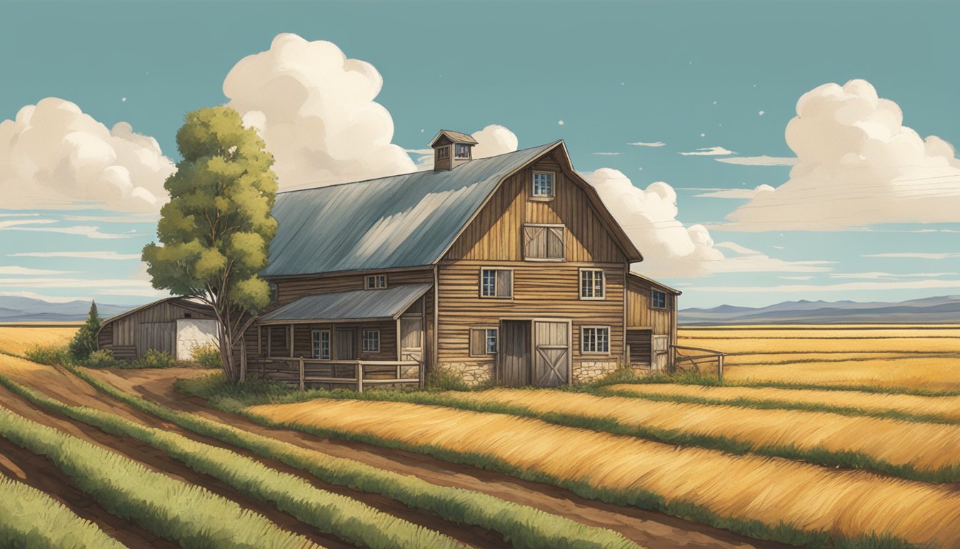 A rustic farmhouse nestled in the Idaho countryside, with a bountiful potato field stretching out towards the horizon