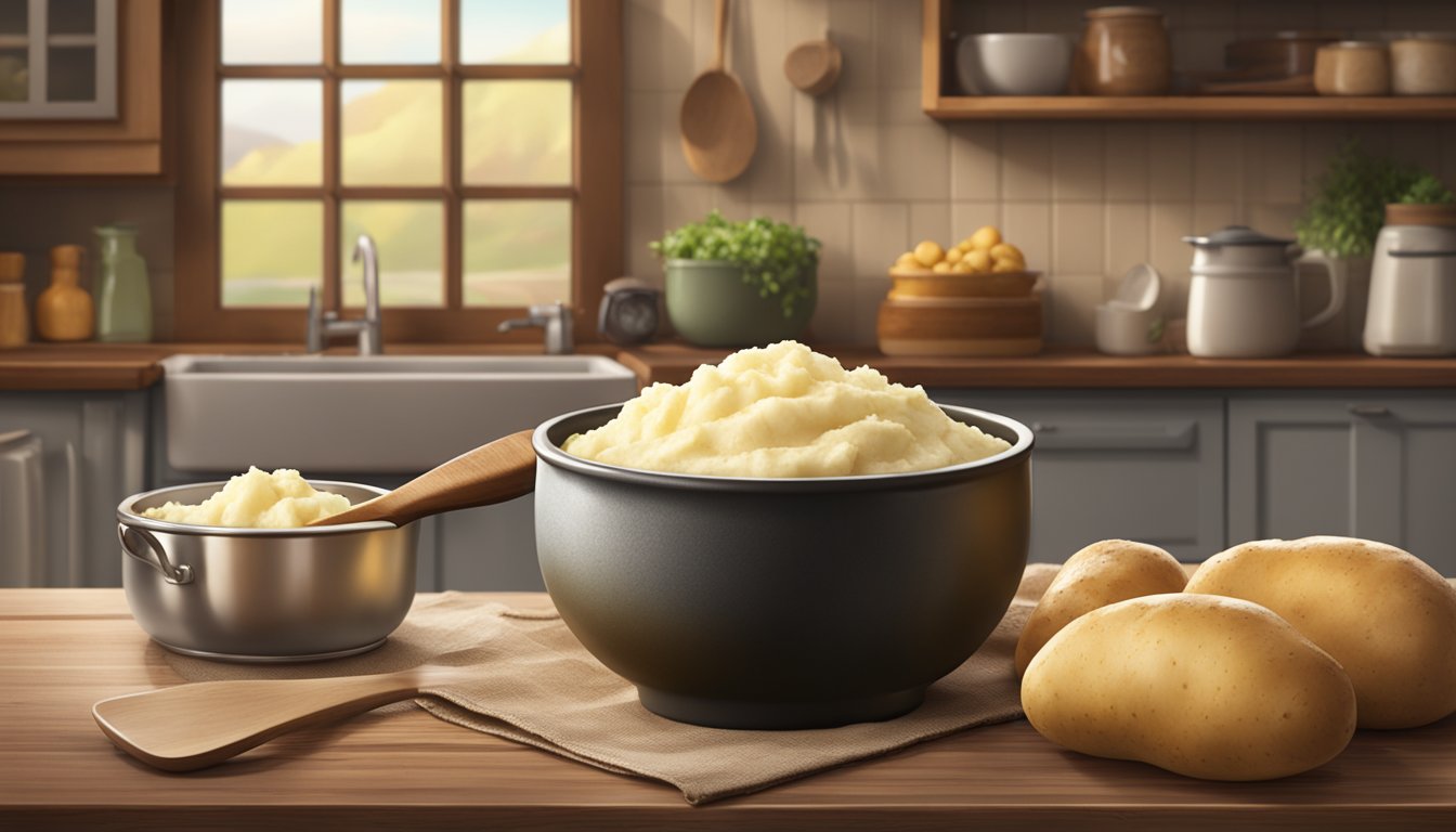 A steaming bowl of Idahoan Original Mashed Potatoes surrounded by a rustic kitchen setting with a wooden spoon and a bag of potatoes