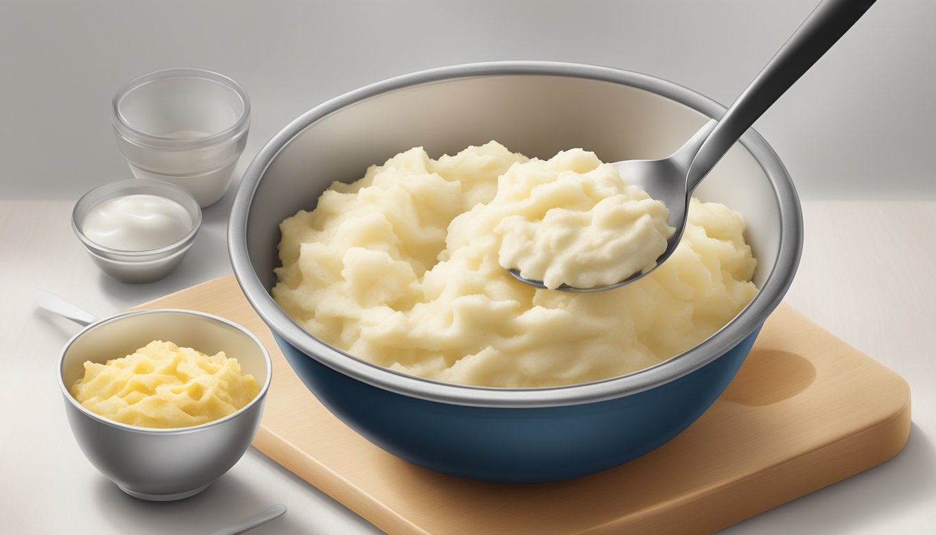 A bowl of Idahoan original mashed potatoes being mixed with a spoon