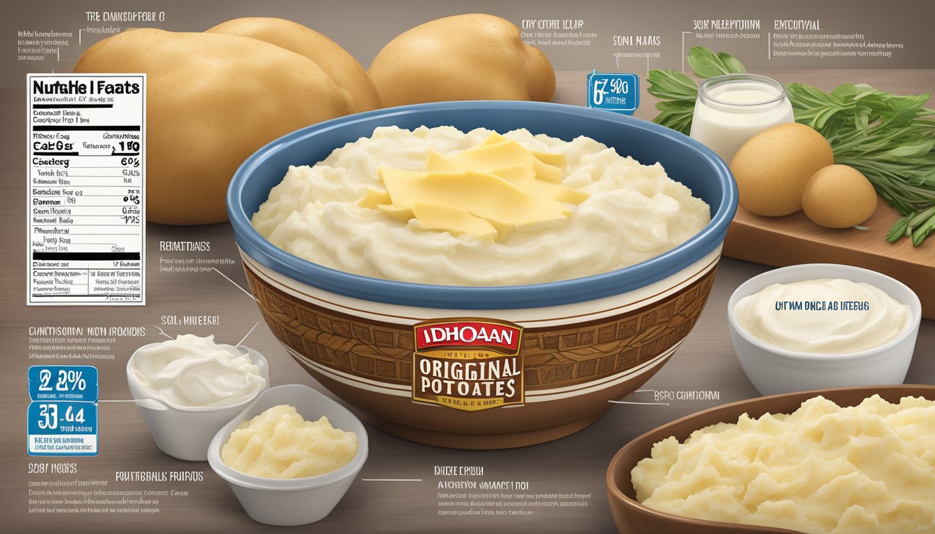 A bowl of Idahoan original mashed potatoes surrounded by ingredients like potatoes, milk, and butter, with the nutritional information label visible