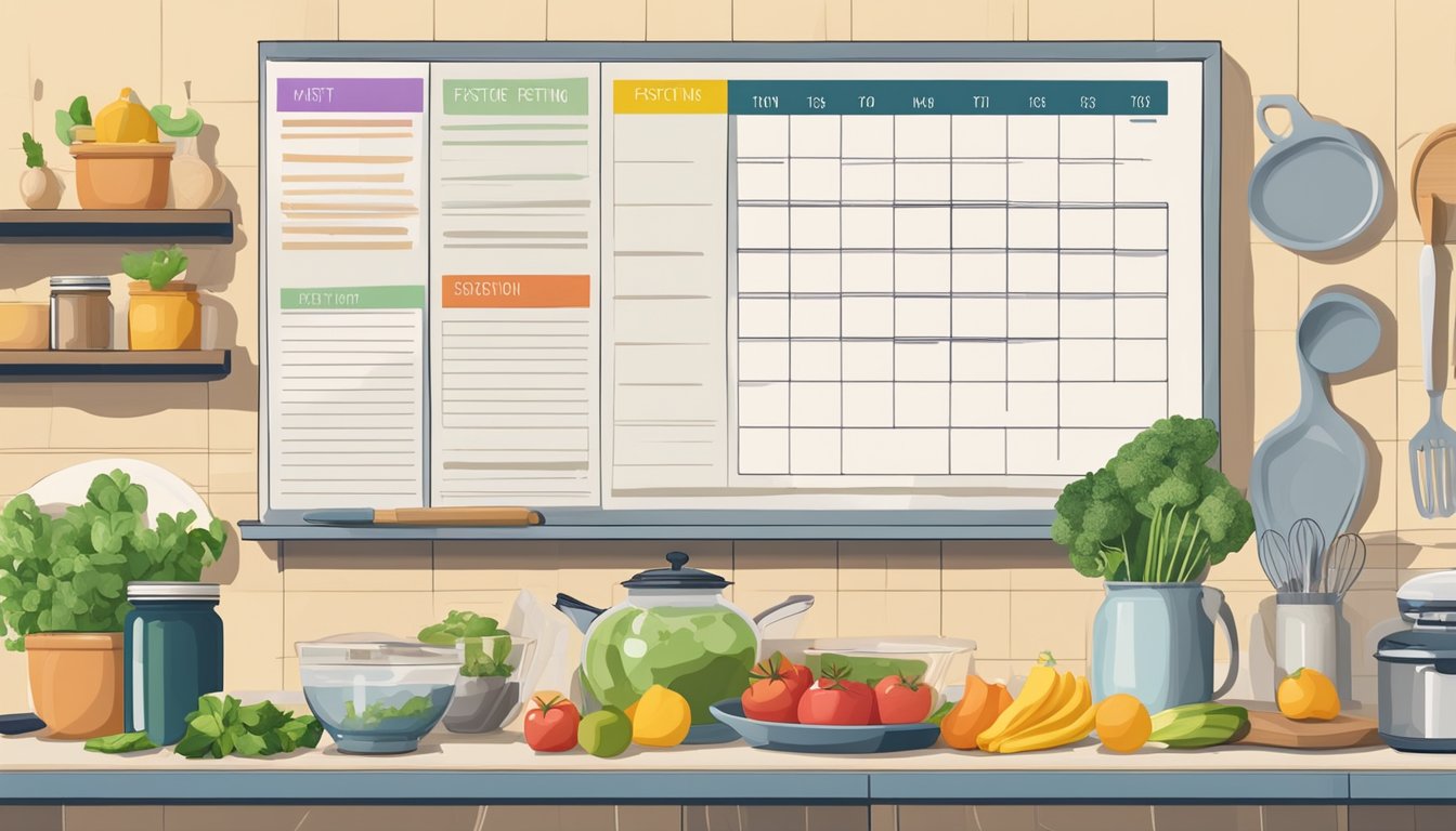 A kitchen counter with various ingredients and cooking utensils laid out for preparing 5:2 diet recipes. A calendar with intermittent fasting schedule in the background