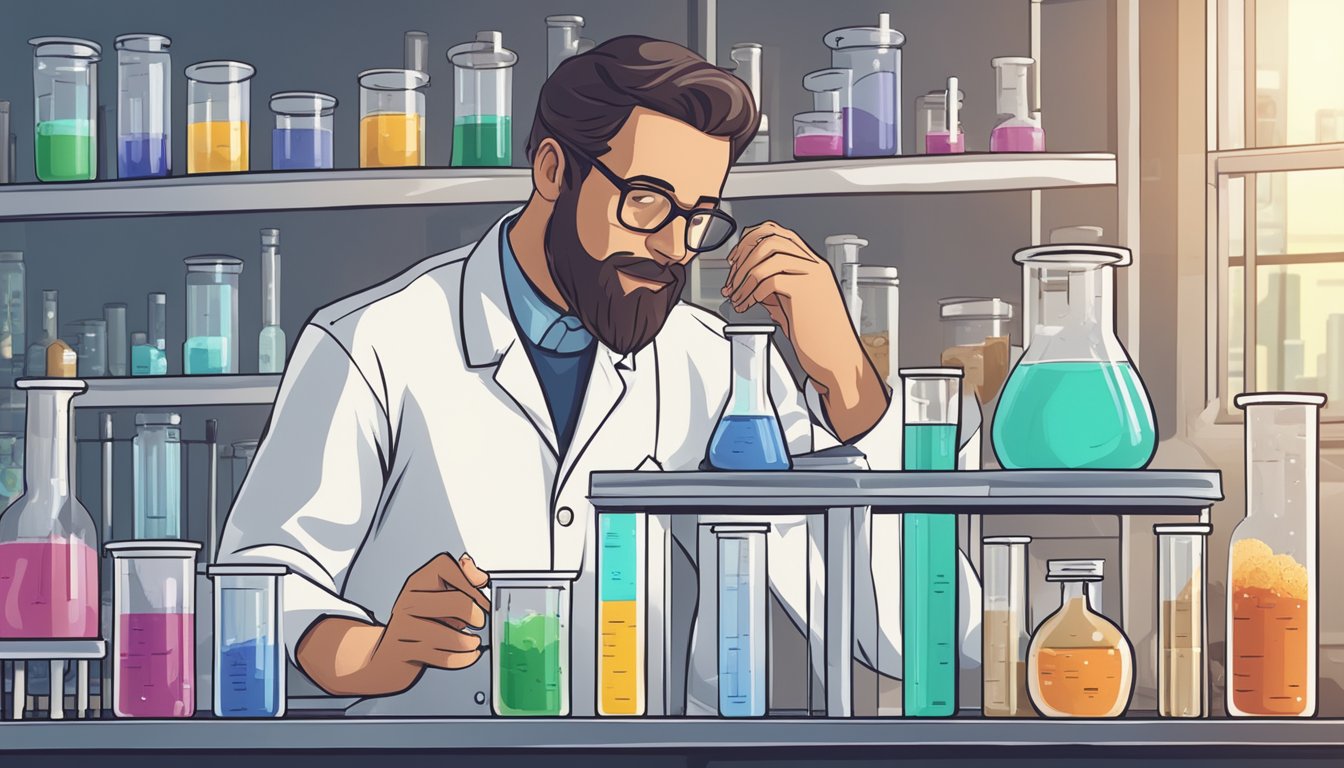 A scientist in a lab, surrounded by beakers and test tubes, studying a chart showing the effects of intermittent fasting on the body