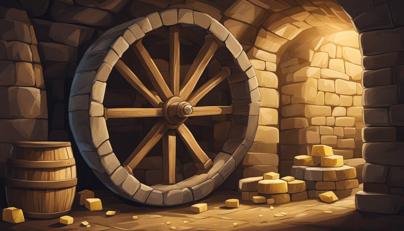 A wheel of Parmesan cheese being aged in a dimly lit, stone-walled cellar