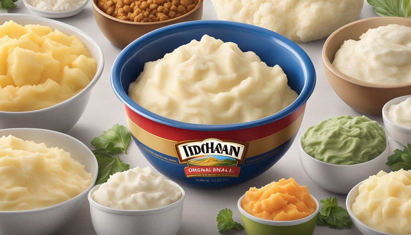 A steaming bowl of fluffy Idahoan original mashed potatoes surrounded by various flavors and varieties of the product