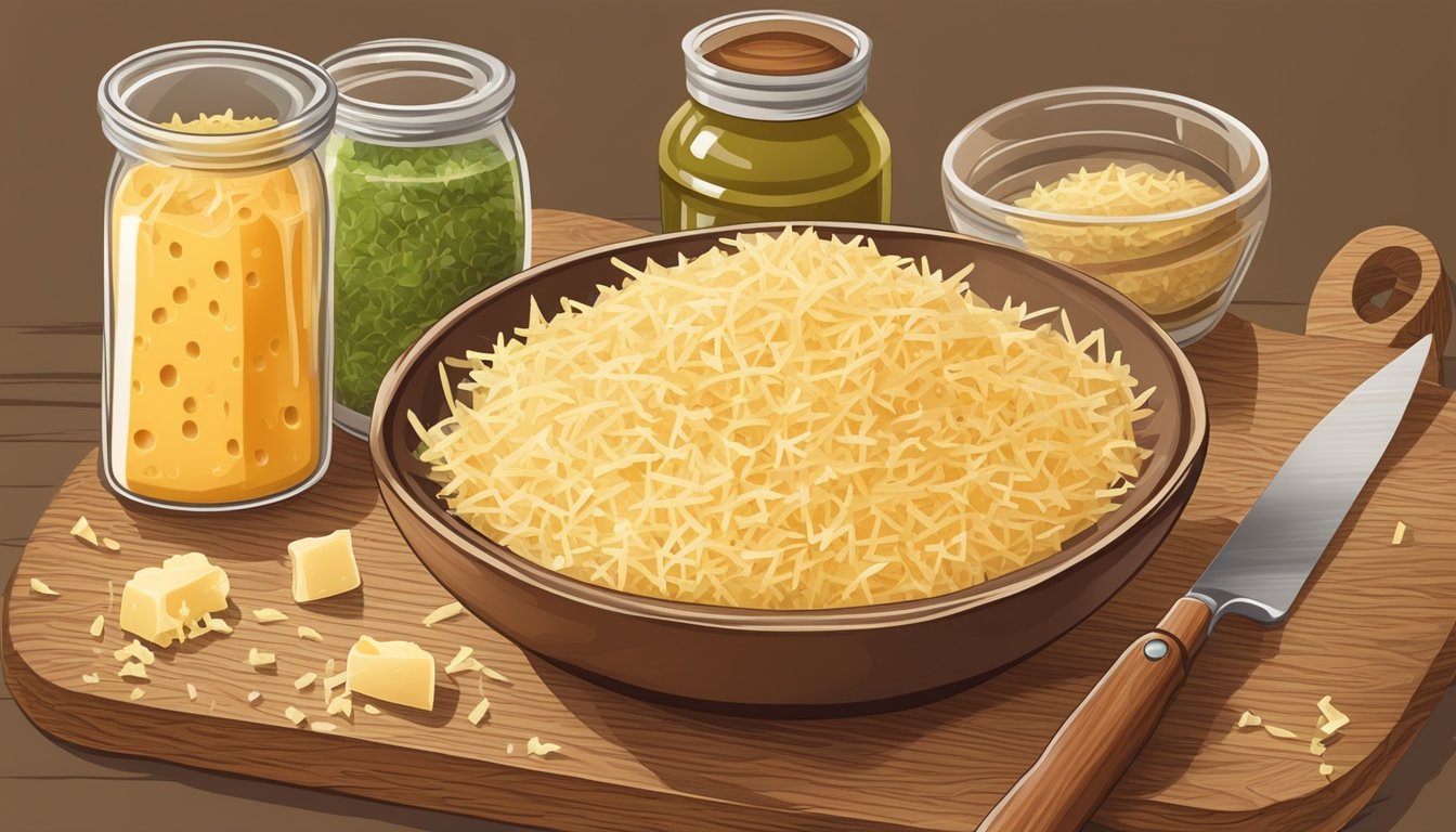 A small bowl of kraft grated parmesan cheese with a sprinkling of cheese on a wooden cutting board