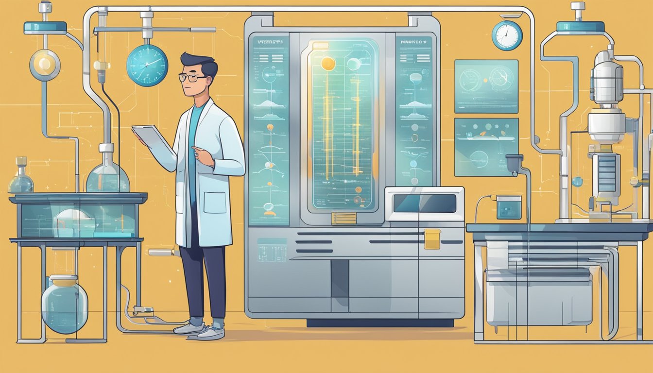 A lab with futuristic equipment and charts showing the effects of intermittent fasting on the body