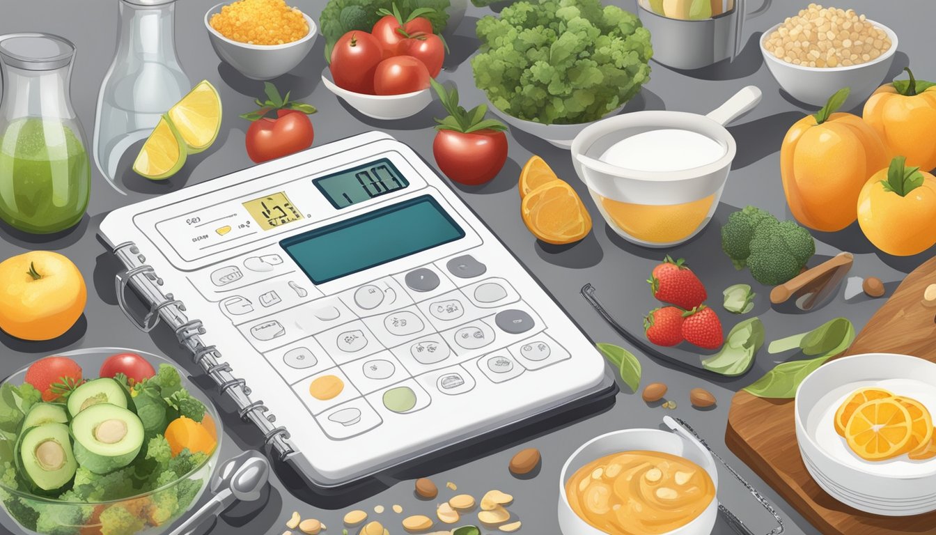 A kitchen table set with a digital scale, measuring cups, and various healthy foods, surrounded by a journal and pen for tracking progress