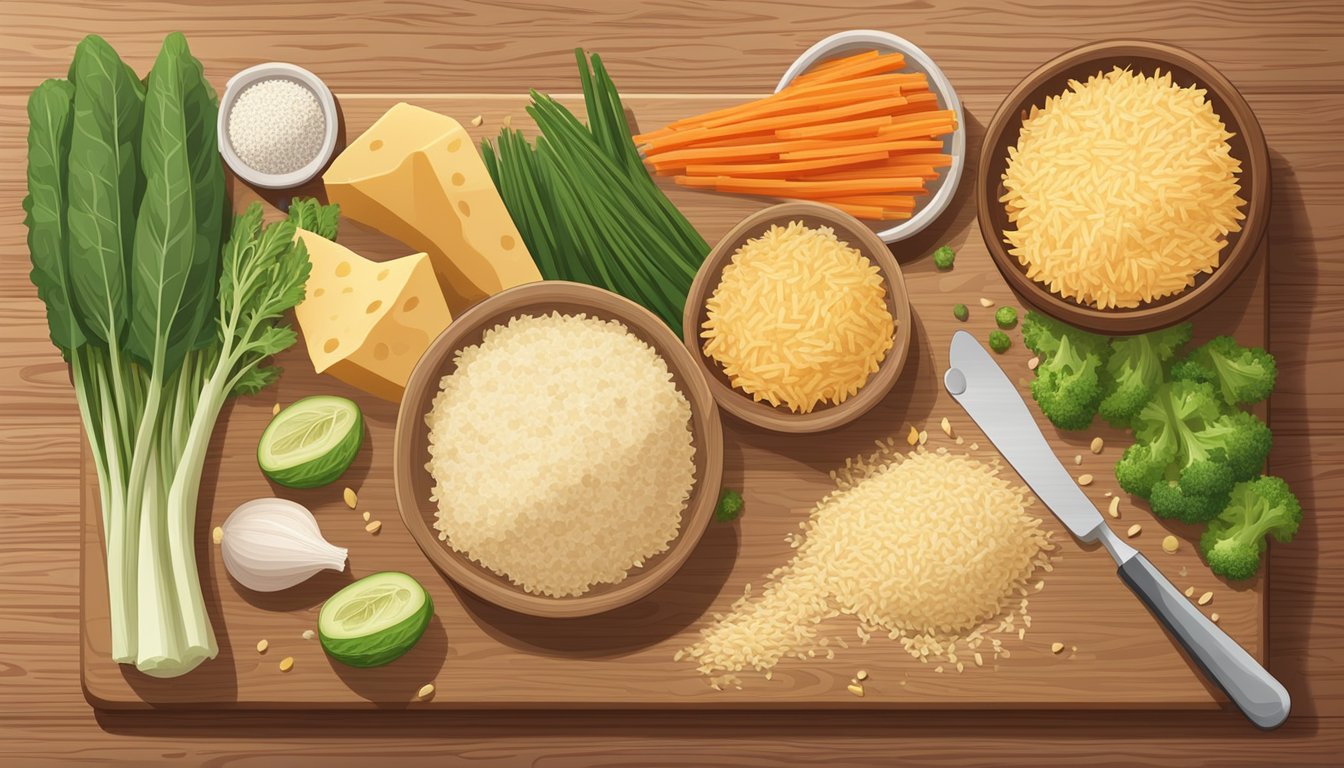 A bowl of kraft grated parmesan cheese next to a variety of fresh vegetables and whole grains on a wooden cutting board