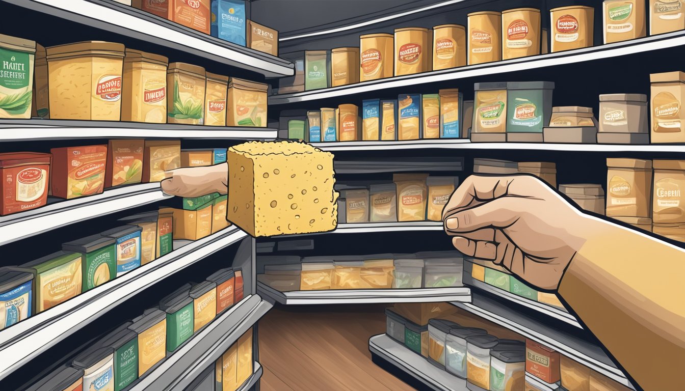 A hand reaching for a container of kraft grated parmesan cheese on a grocery store shelf