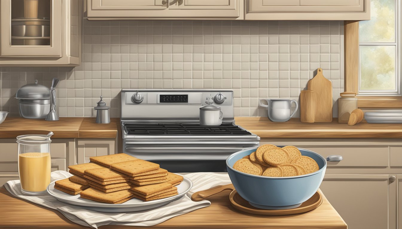 A vintage kitchen with a box of Nabisco original graham crackers, a rolling pin, and a bowl of graham cracker crumbs