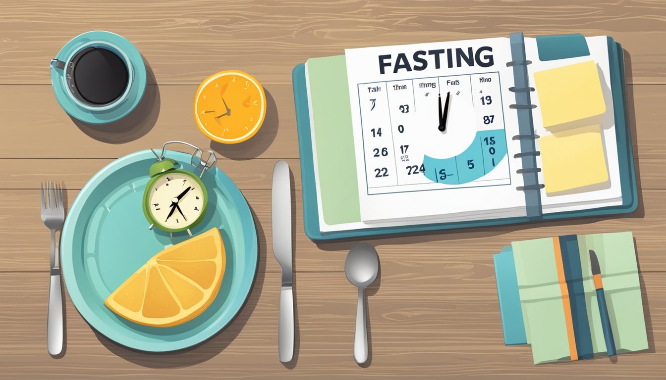 A table set with a balanced meal, a clock showing the time, and a calendar indicating intermittent fasting schedule