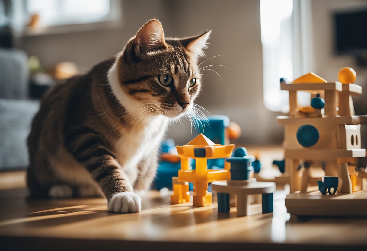 Um gato brincando com vários brinquedos e estruturas de escalada em uma sala de estar bem iluminada e espaçosa, com janelas que proporcionam luz natural.