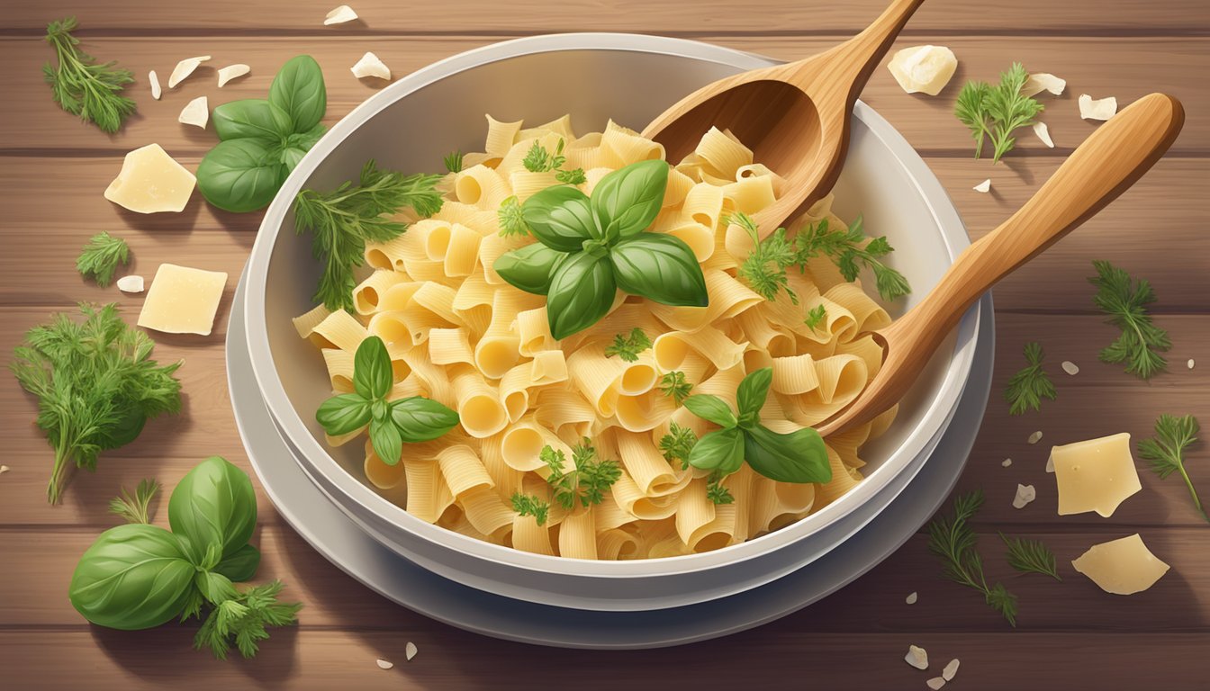 A bowl of pasta topped with a generous sprinkle of Kraft grated parmesan cheese, surrounded by fresh herbs and a rustic wooden spoon