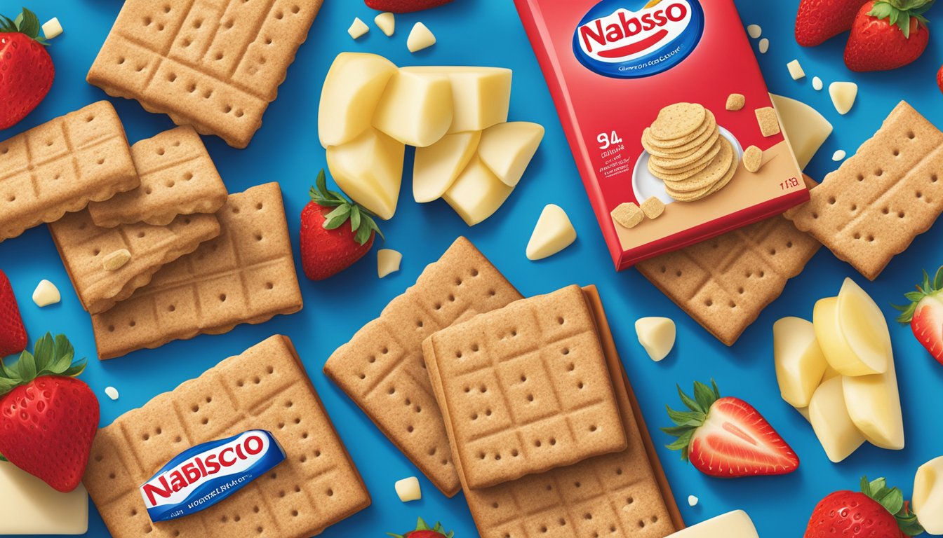 A box of Nabisco original graham crackers surrounded by fresh ingredients like strawberries, bananas, and a glass of milk