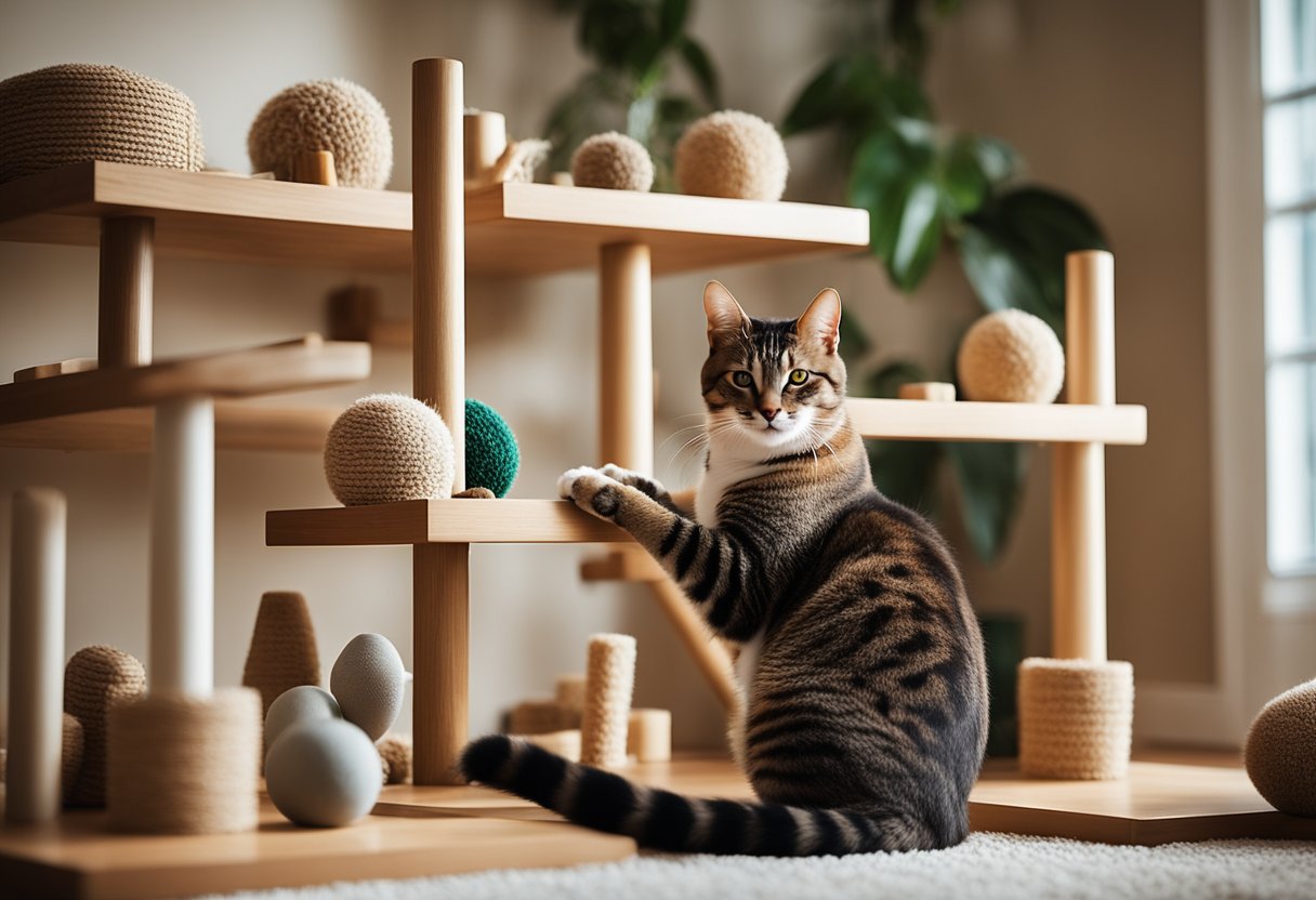 Um gato doméstico brincando com uma variedade de brinquedos em uma sala de estar bem mobiliada, com prateleiras, arranhadores e estruturas de escalada para exercício e estimulação.