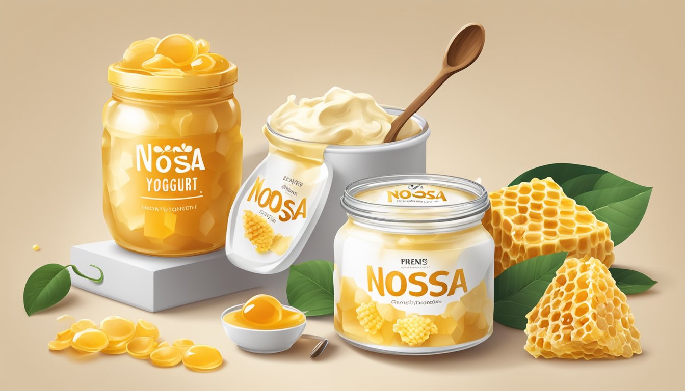 A jar of Noosa Finest Yoghurt with honey, surrounded by fresh honeycomb and a spoon