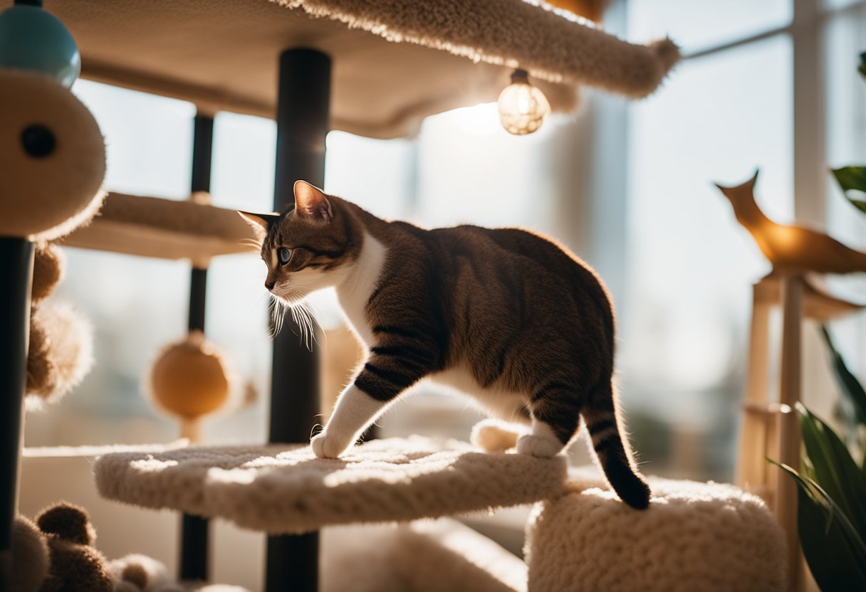 Um gato brincando com uma variedade de brinquedos e subindo em uma árvore de gato dentro de uma sala de estar aconchegante, com a luz do sol entrando pela janela.