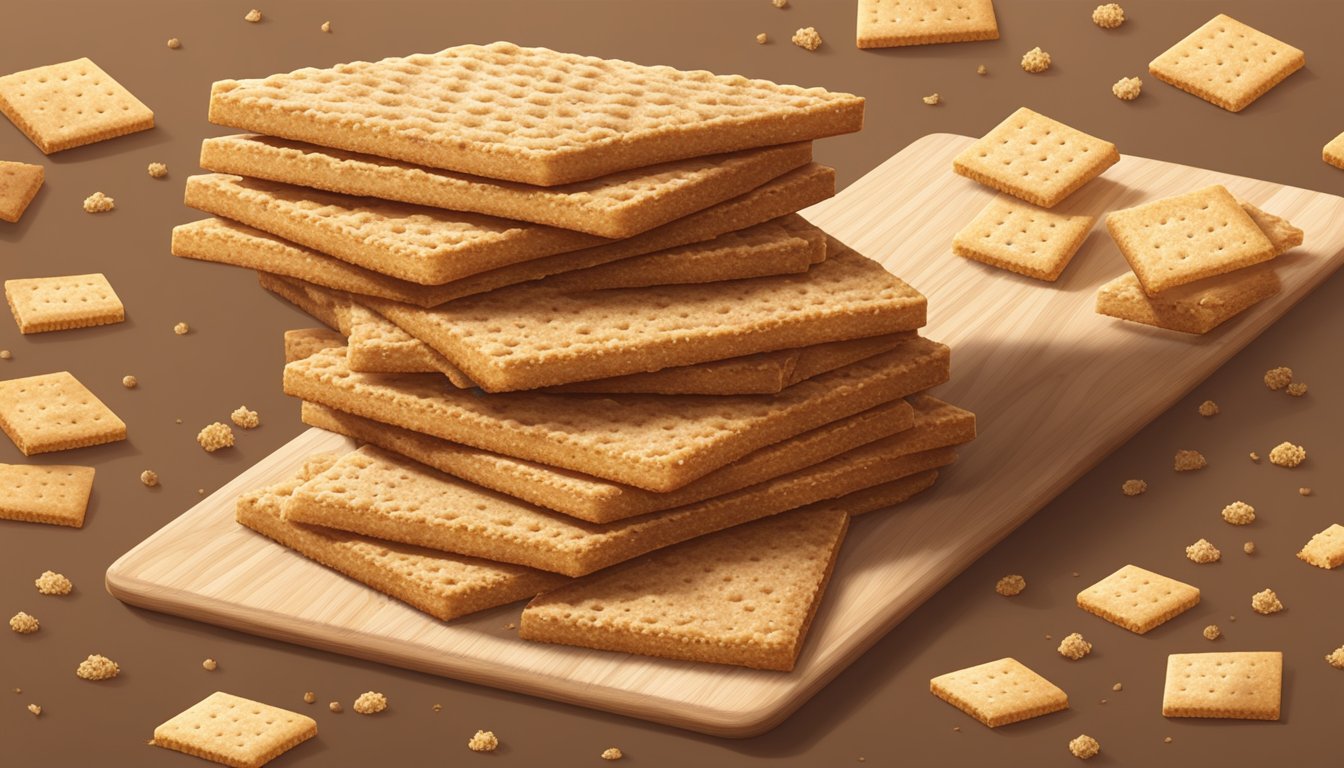 A stack of Nabisco original graham crackers with crumbs scattered on a wooden cutting board