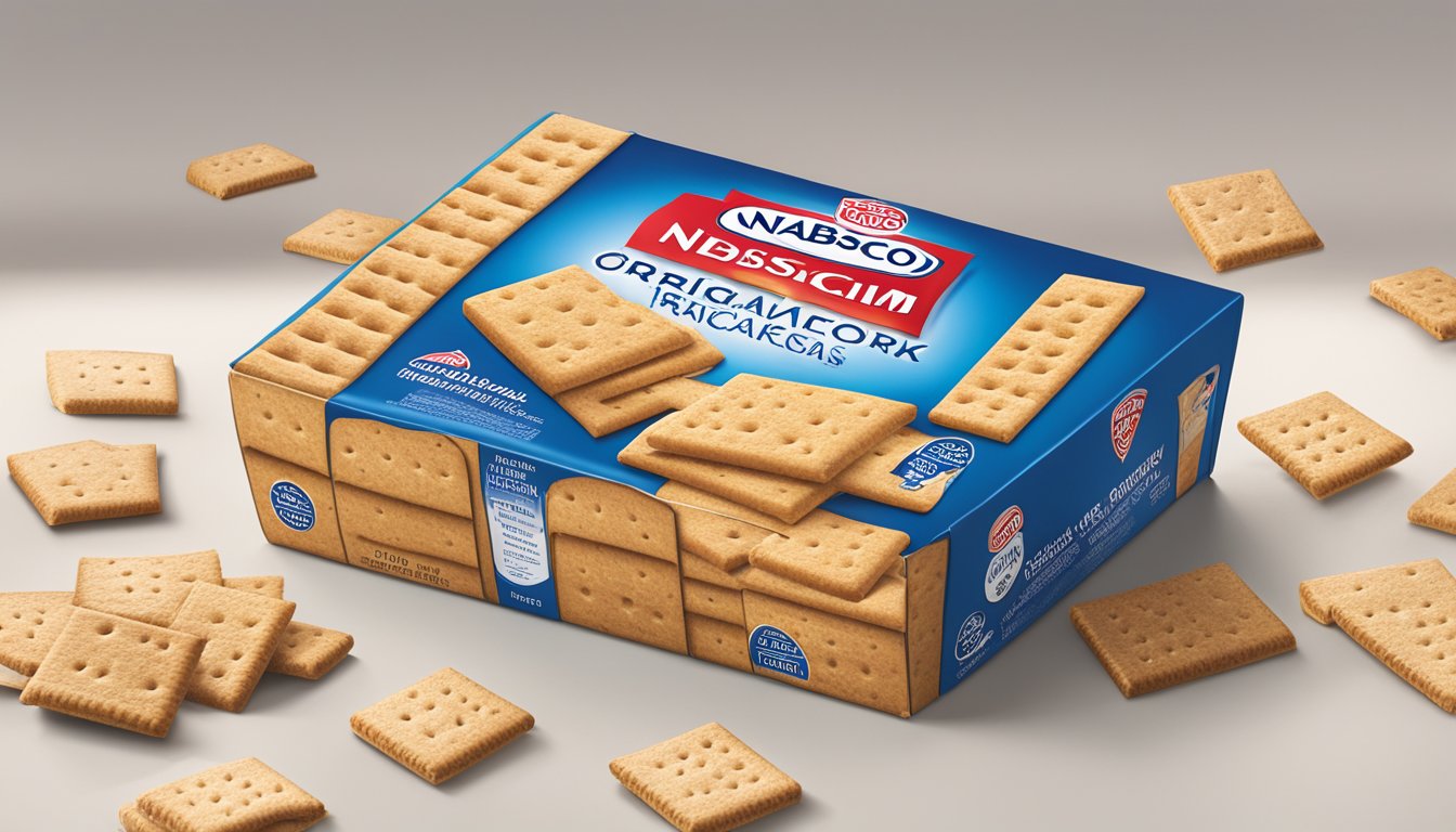 A box of Nabisco original graham crackers with clear allergen and dietary information displayed prominently