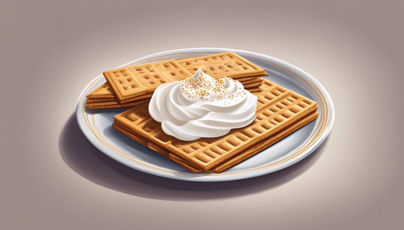 A plate of Nabisco original graham crackers arranged in a fan shape with a dollop of whipped cream and a sprinkle of cinnamon on top