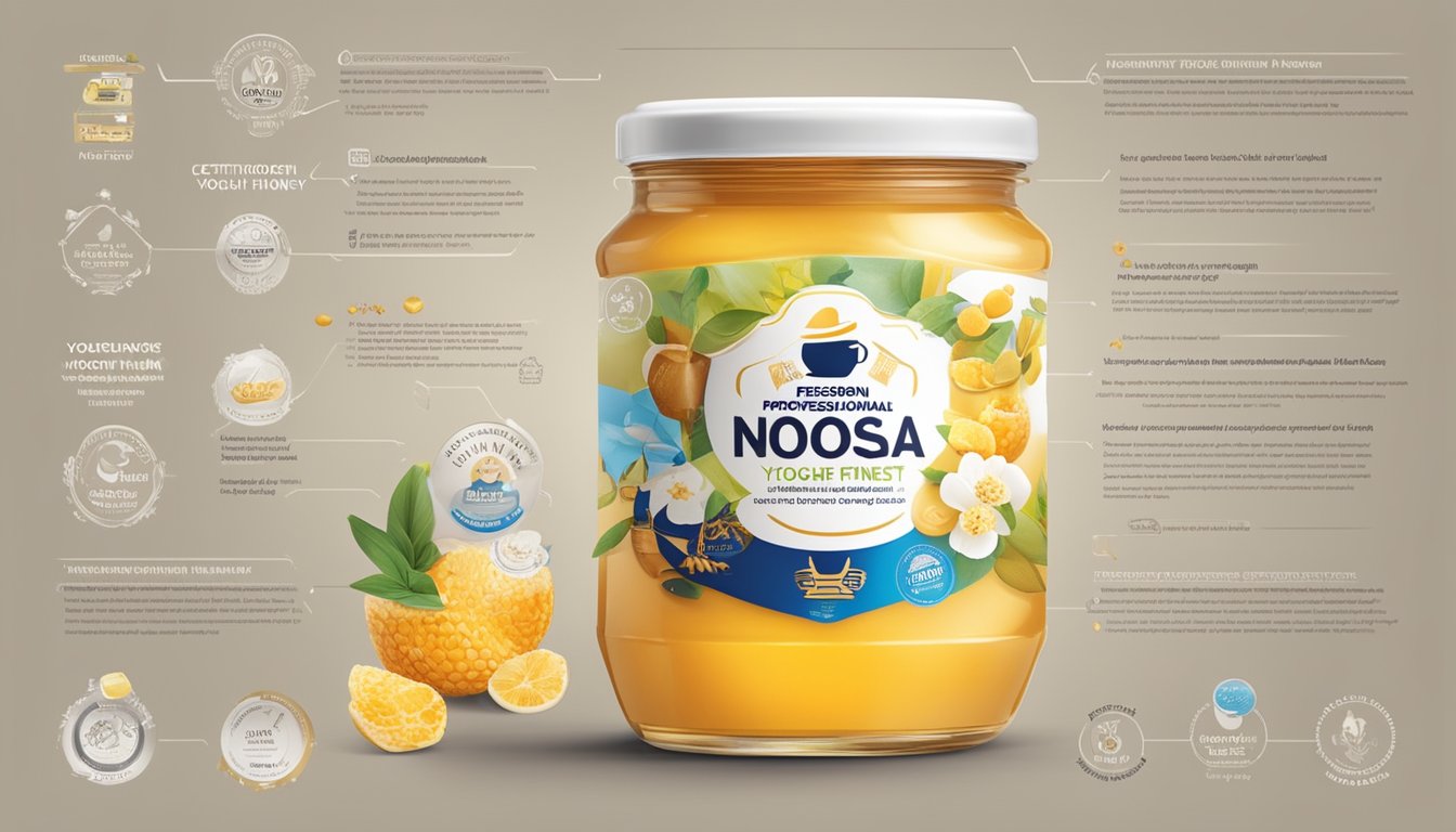 A jar of Noosa Finest Yoghurt Honey surrounded by various certifications and standards logos and symbols