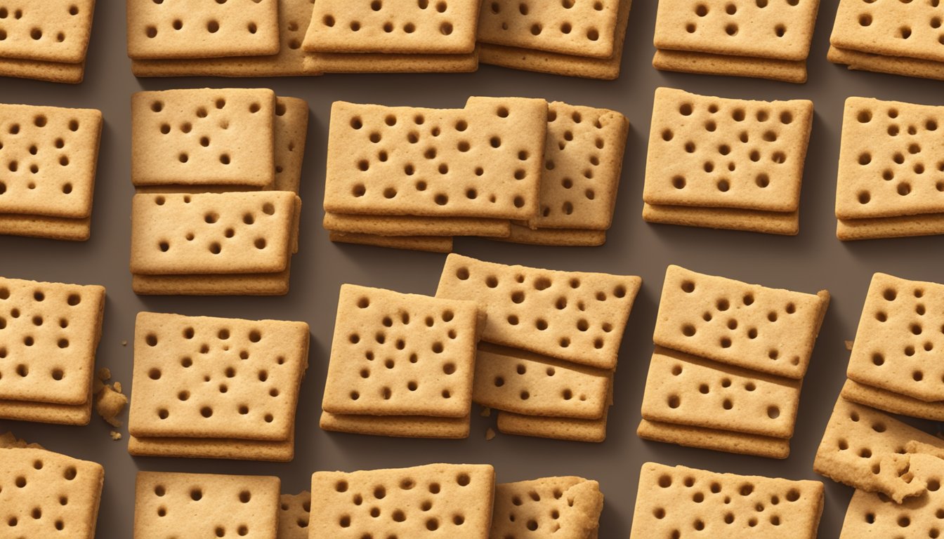 A stack of Nabisco original graham crackers sits on a wooden cutting board, surrounded by crumbs and a scattering of whole and broken crackers