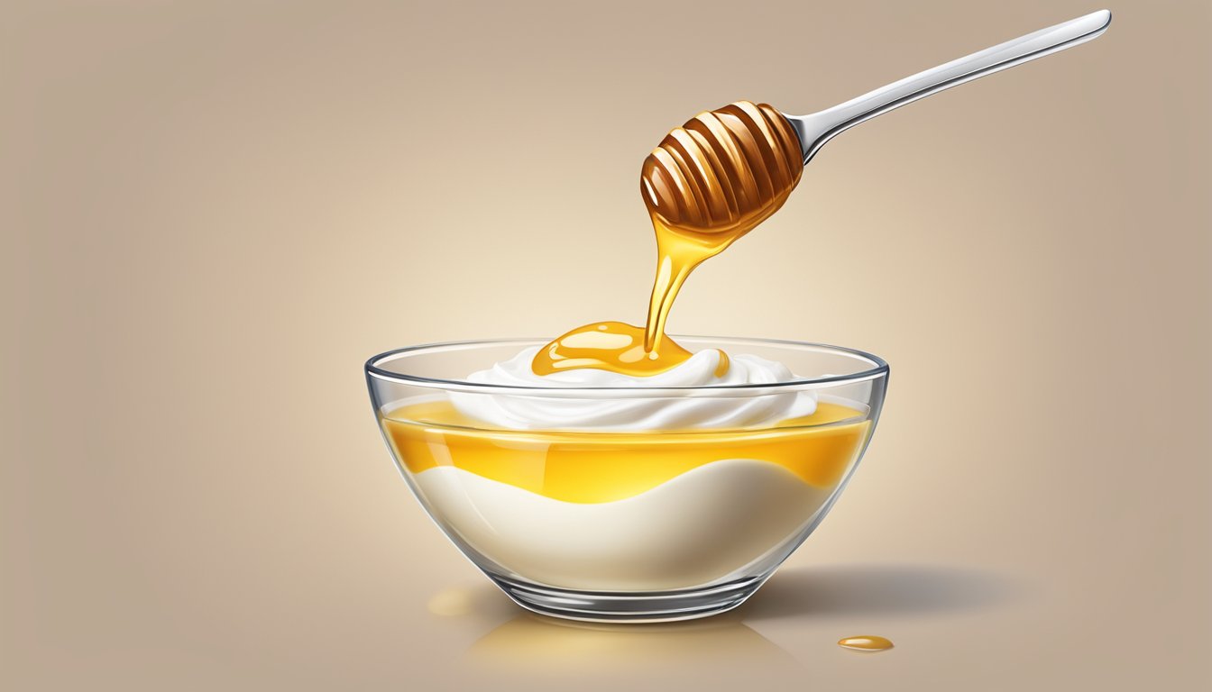 A spoonful of honey drizzling onto a dollop of creamy yogurt in a glass bowl